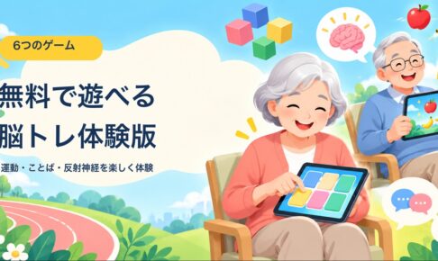 タブレットで脳トレゲームを楽しむ高齢者と、6作品の無料体験版の案内